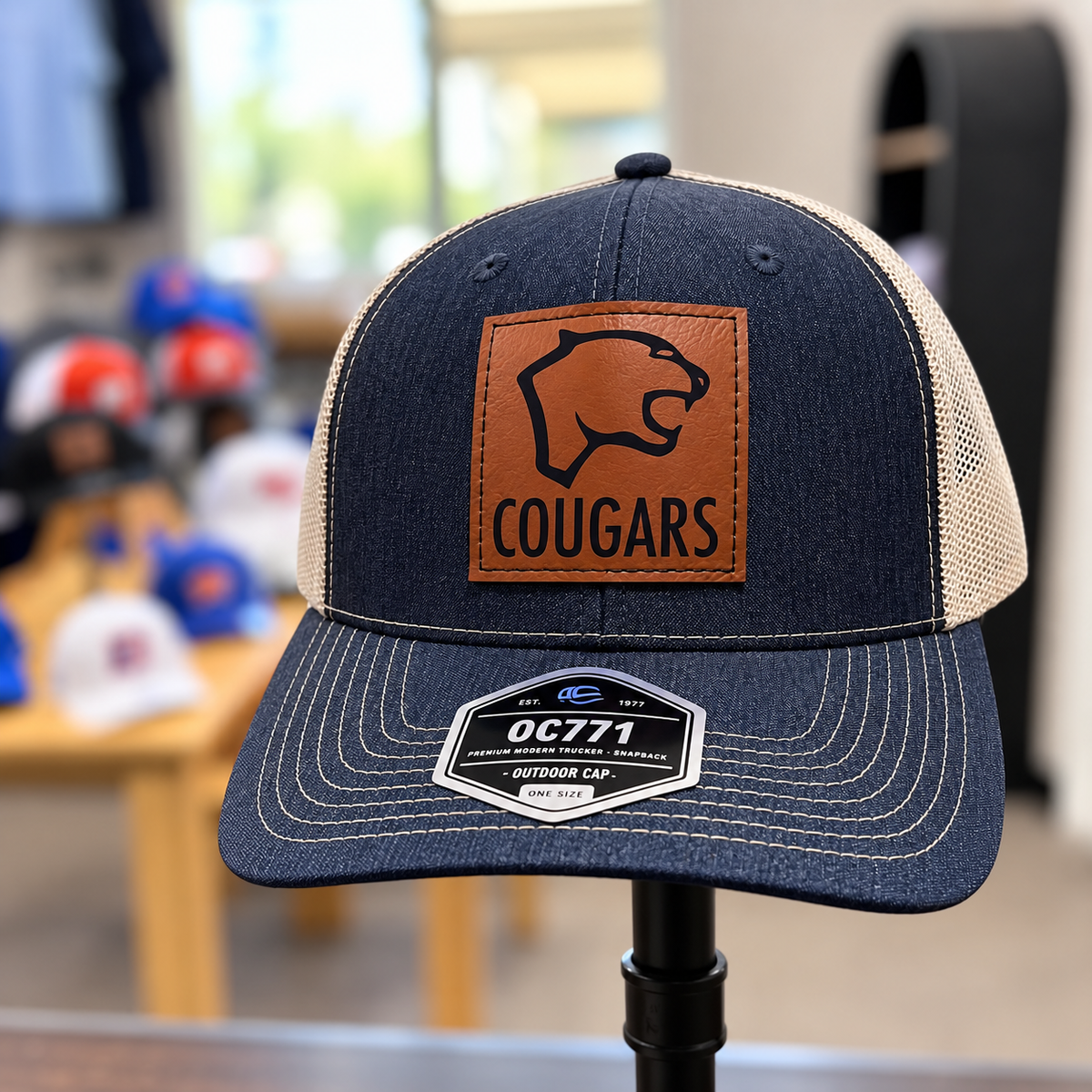Cougar Leather Patch Hat - Heathered Navy and Khaki